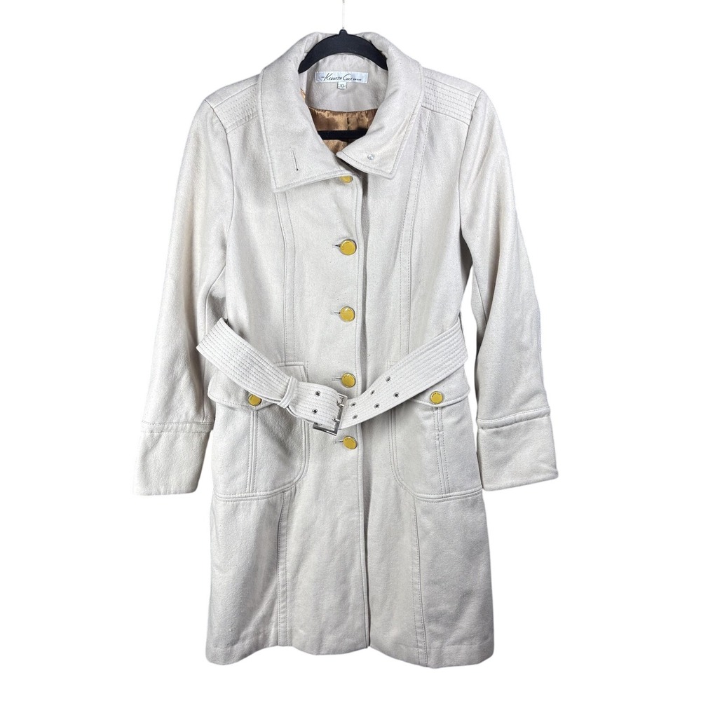Kenneth Cole Coat Womens 10 Beige Wool Belted Long Button Front Jacket Pockets